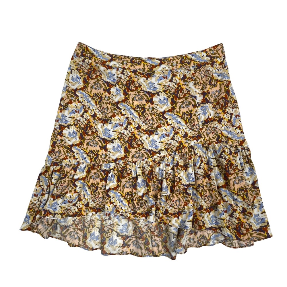 Free People Nadia Women Sz 8 Yellow Floral Ruffle Rayon Boho Wrap Mini Skirt NWT